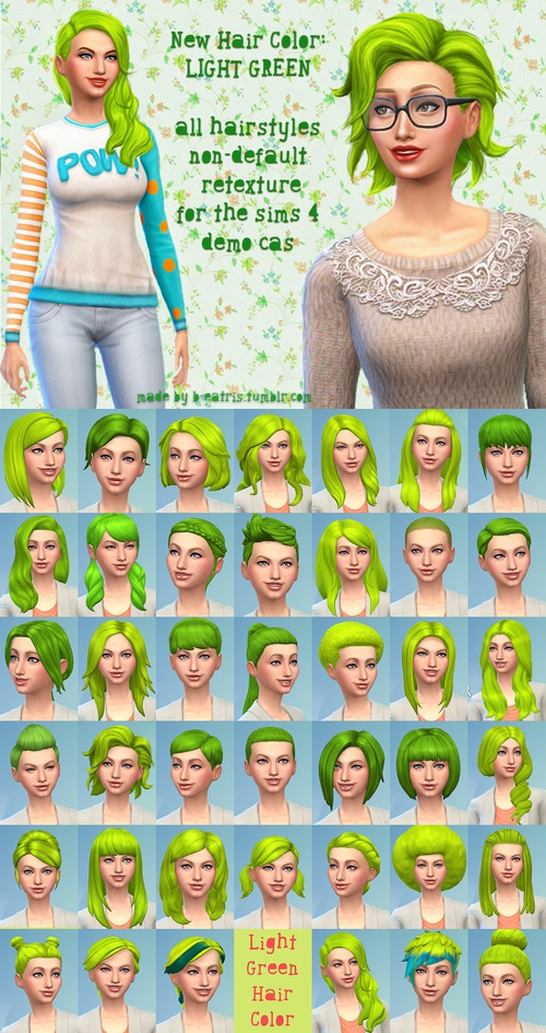 Sims 4 41 hairstyles recolored in light green color at B eatris