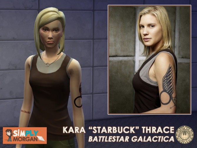 Sims 4 Kara “Starbuck” Thrace from Battlestar Galactica outfit, tattooo + sim at Simply Morgan