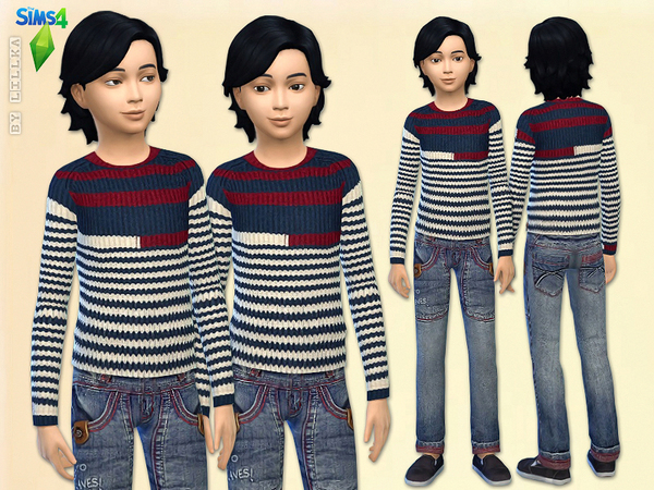 Sims 4 Striped Knit Sweater & Boy Blue Jeans set by lillka at The Sims Resource