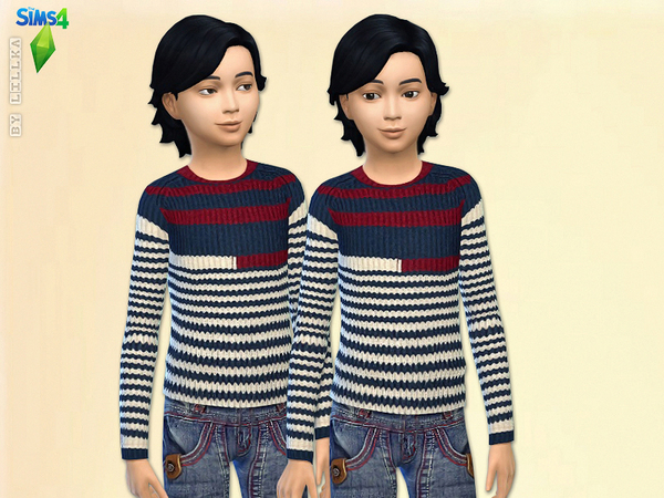Sims 4 Striped Knit Sweater & Boy Blue Jeans set by lillka at The Sims Resource
