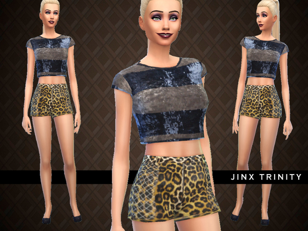 Sims 4 Leopard Short Shorts and Silver Bronze Top by JinxTrinity at TSR