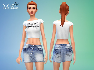 Rugged denim skirt and white crop top by Ms Blue at The Sims Resource ...