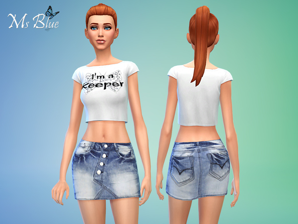 Sims 4 Rugged denim skirt and white crop top by Ms Blue at The Sims Resource
