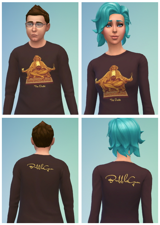 Sims 4 The Dude shirts, original art by BubbleGun at SimFeetUnder