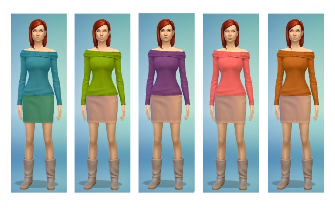 Sims 4 Knit and Off Shoulder Sweater, Mini Skirt and Slouch Boots at Simsnacks
