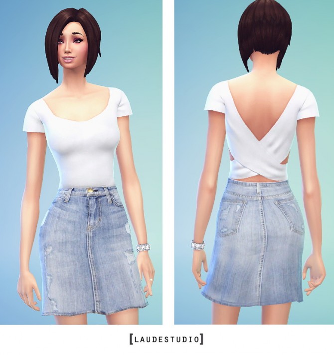 Sims 4 White Tee & Denim Skirt at Laude Studio