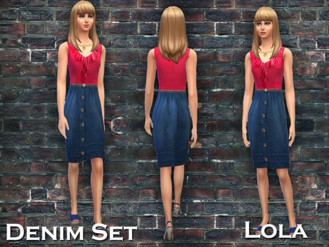 Sims 4 Denim skirt, hot pink blouse plus hair recolors at Sims and Just Stuff
