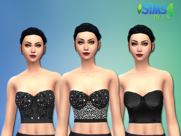 Sims 4 Gems, Pearls and Leather Crop Tops by LadyShadows at TSR