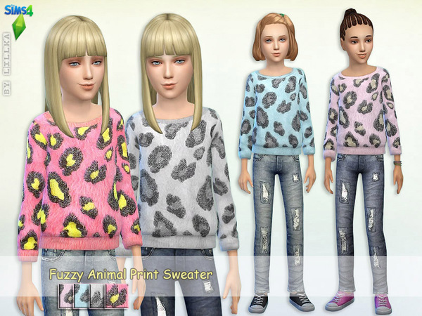 Sims 4 Fuzzy Animal Print Sweater & Jeans by lillka at TSR