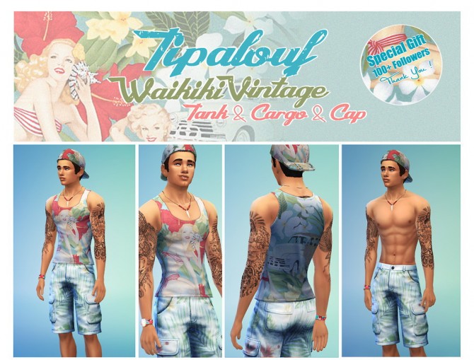 Sims 4 3 Waikiki Vintage Clothes (Cap, Cargo, Short, Tank) at Tipalouf