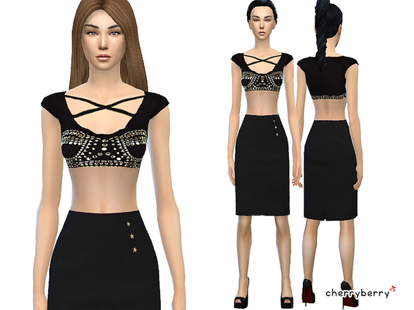 Sims 4 Addicted Studded party dress by CherryBerrySim at TSR