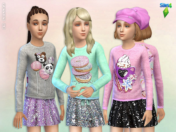 Sims 4 Candy Sweatshirt and Sequin Skater Skirt by Lillka at TSR