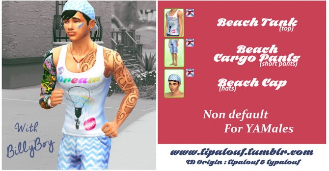 Sims 4 3 Beach Clothes Tank + cargo pants + cap by Mathéo at Tipalouf