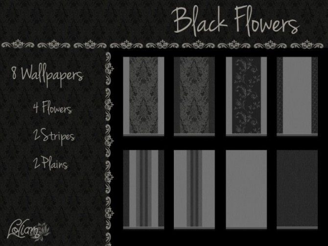 Sims 4 Set Black Flowers walls by loliam at Sims Artists