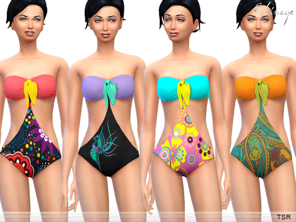 Sims 4 Colourful Print Strapless Swimsuit by Ekinege at TSR