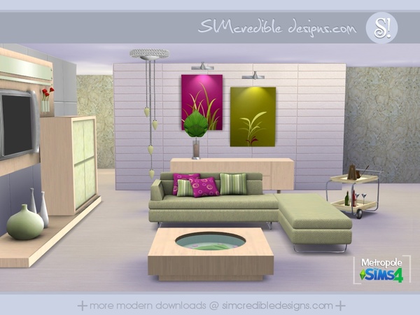 Sims 4 Metropole living room by SIMcredible! at TSR