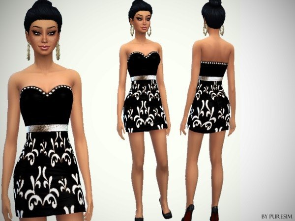 Sims 4 Elegant black dress with metallic belt by Puresim at TSR