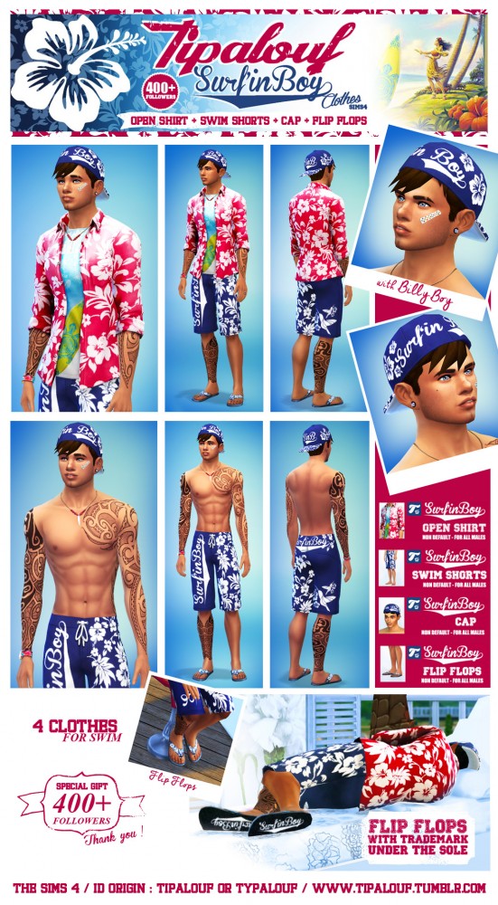 Sims 4 Swim Open Shirt + Swim Shorts + Cap + Flip Flops at Tipalouf