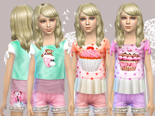 Sims 4 Sweet child days tops and lace shorts by Pinkzombiecupcakes at TSR