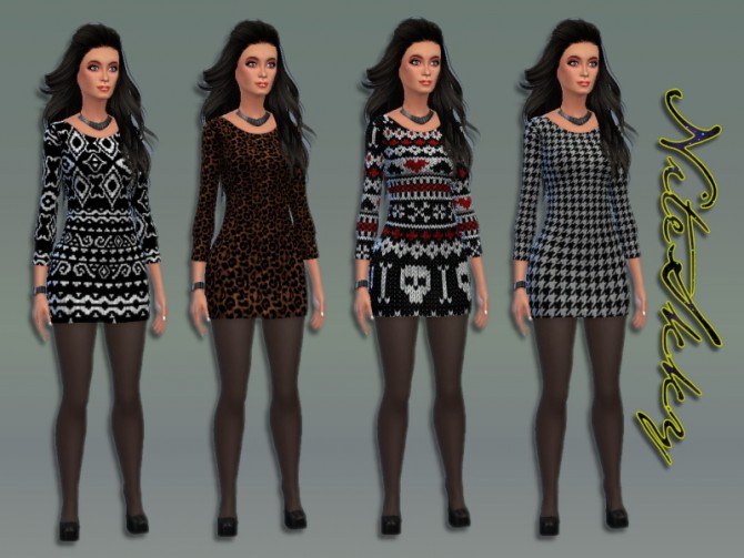 Sims 4 4 printed sweater dresses at NiteSkky Sims