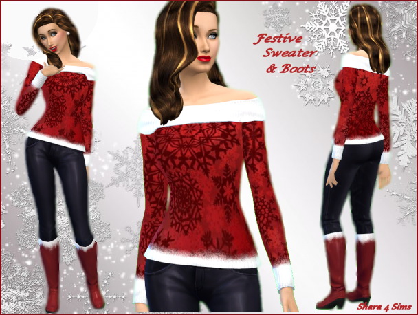 Sims 4 Festive Sweater & Boots at Shara 4 Sims