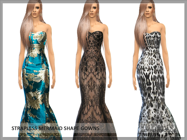 Sims 4 Strapless mermaid shape gowns by Serpentrogue at TSR