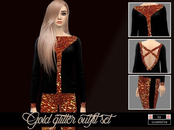 Sims 4 Gold glitter outfit set by IzzieMcFire at TSR