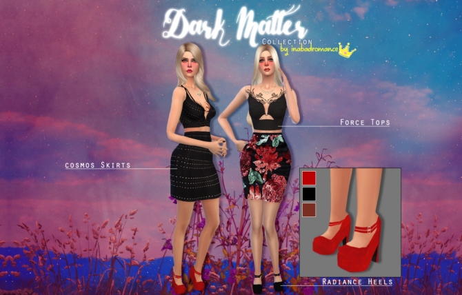 Sims 4 Dark Matter tops, skirts and heels at In a bad Romance