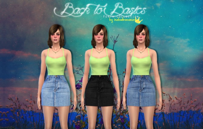 Sims 4 Dresses, denim skirt, cropped tank & sweater at In a bad Romance