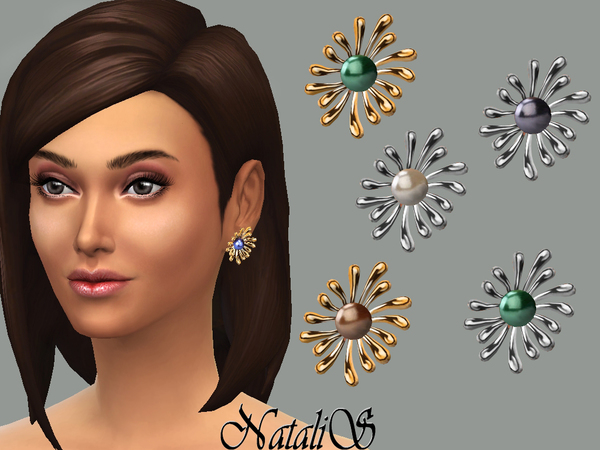 Sims 4 Pearl flower studs earrings by NataliS at TSR