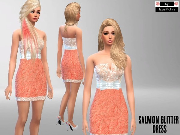 Sims 4 Salmon glitter dress by IzzieMcFire at TSR