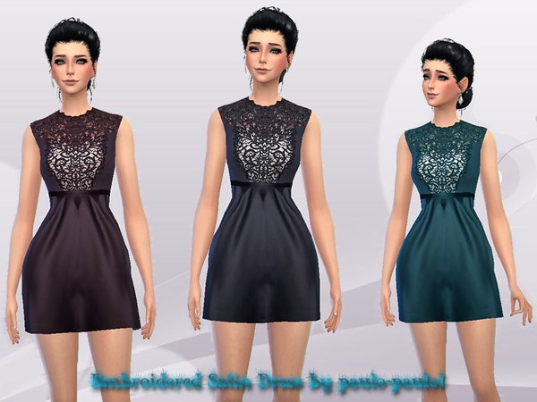 Sims 4 Embroidered Satin Dress by paulo paulol at TSR