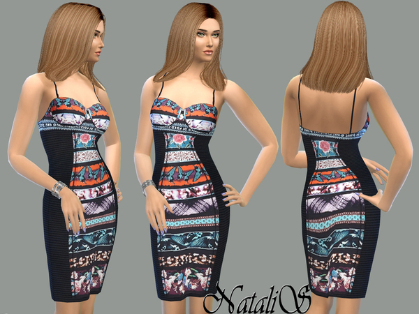 Sims 4 Printed panel bustier dress by NataliS at TSR