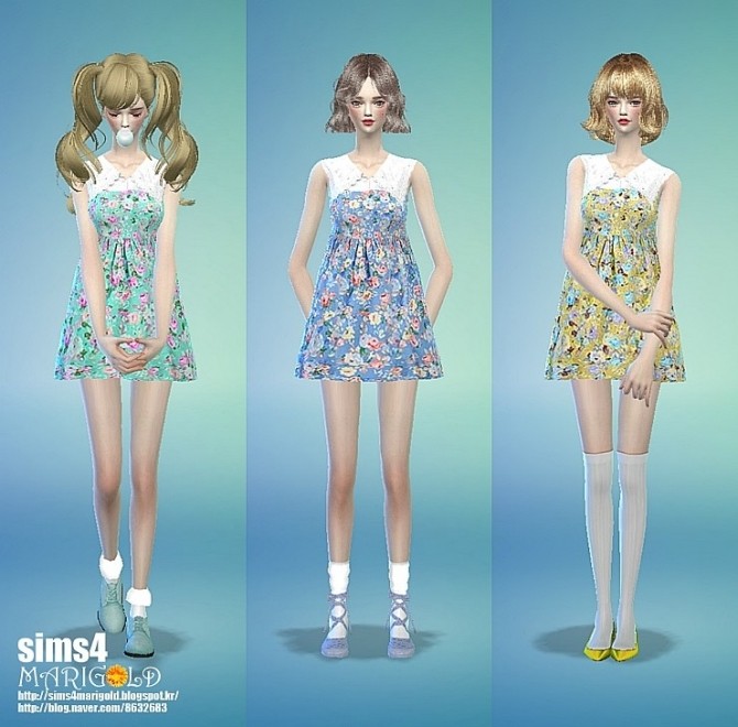 Sims 4 Big collar flower onepiece dress at Marigold