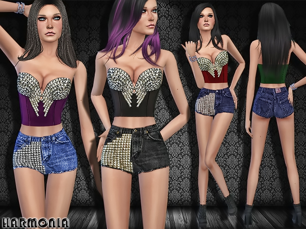 Sims 4 Studed bustier and High Waisted Denim Shorts by Harmonia at TSR