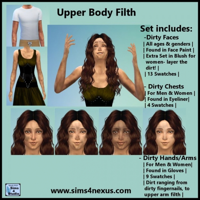 Sims 4 Upper Body Filth: Dirty faces. chest, arms at Sims 4 Nexus