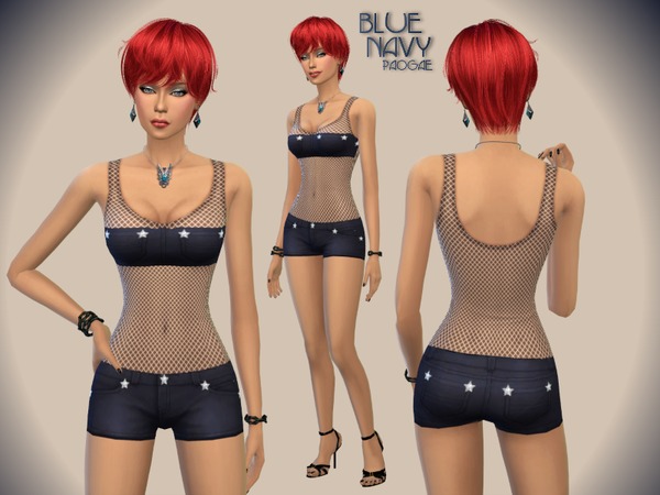 Sims 4 Top and navy blue shorts by Paogae at TSR