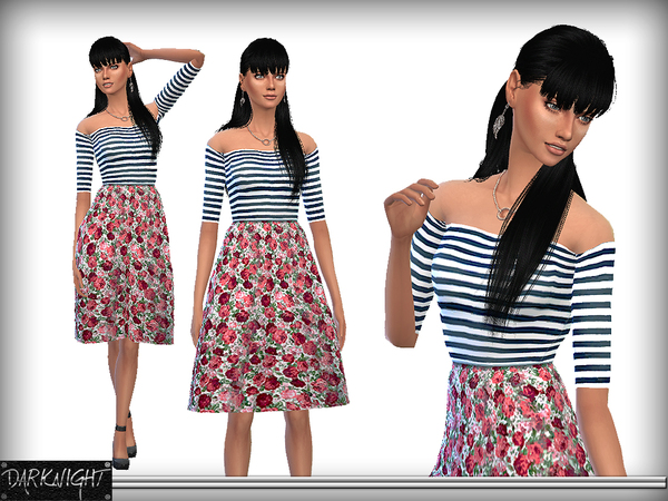 Sims 4 Striped Dress with Floral Bell Skirt by DarkNighTt at TSR