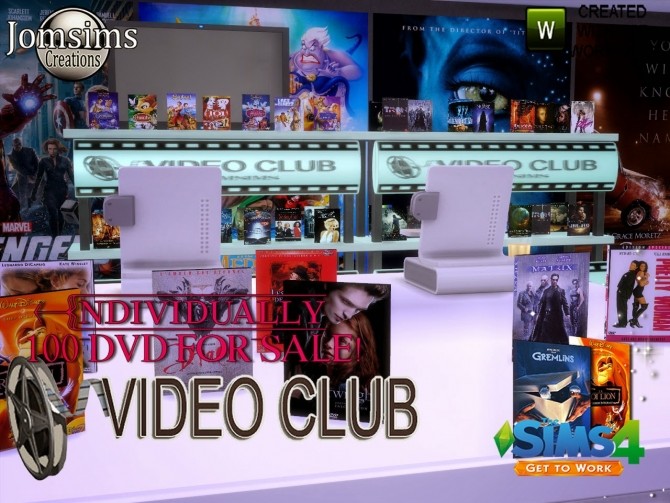 Sims 4 Video club, 100 DVDs, shelf, sign and posters at Jomsims Creations