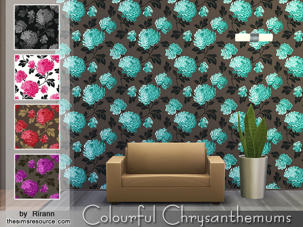 Sims 4 Colourful Chrysanthemums Wallpaper by Rirann at TSR