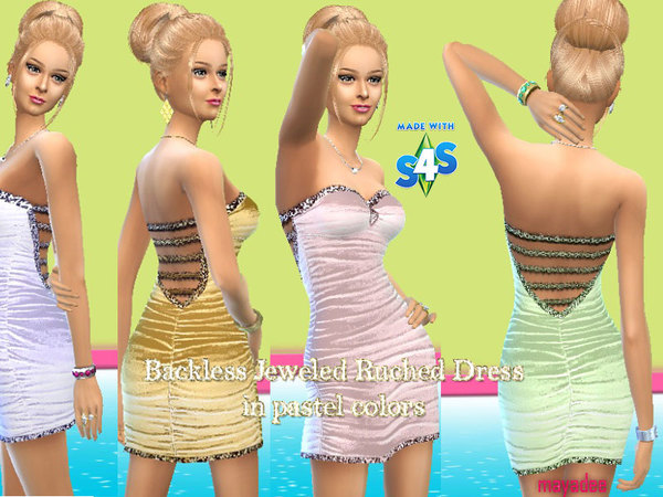 Sims 4 Backless Jeweled Ruched Dress by mayadee at TSR