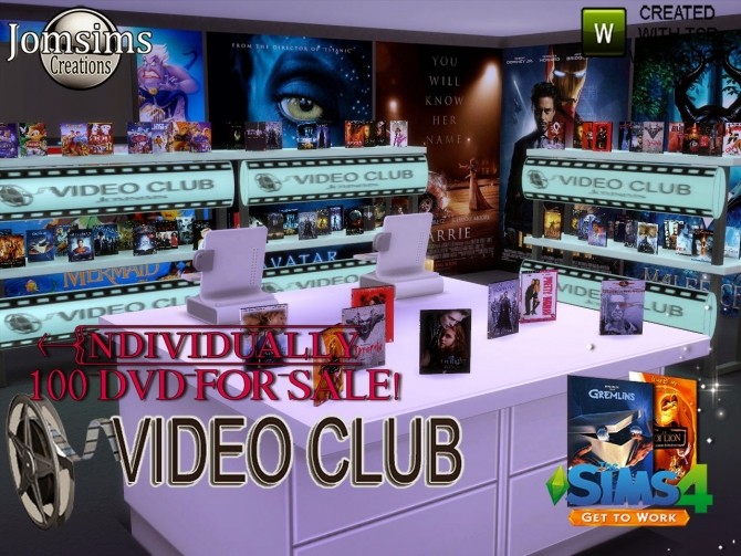 Sims 4 Video club, 100 DVDs, shelf, sign and posters at Jomsims Creations