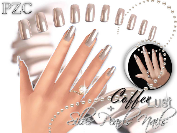 Sims 4 Coffee Lust and Silver Pearls Nails by Pinkzombiecupcakes at TSR