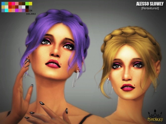 Sims 4 Alesso “Slowly” hair Re textured in 26 colors at NiteSkky Sims