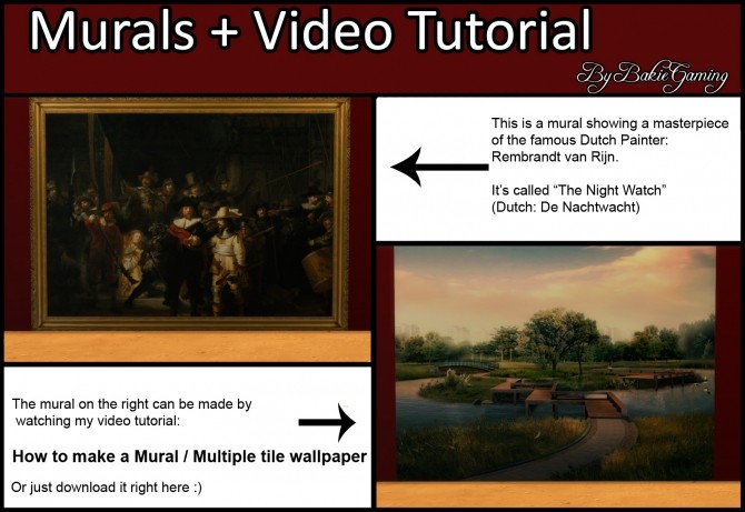 Sims 4 4 tile Night Watch Mural + Video Mural tutorial by Bakie at Mod The Sims