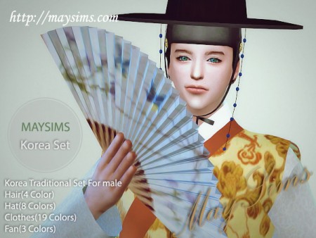 Korean Traditional set for males: hair, hat, outfit, fan at May Sims