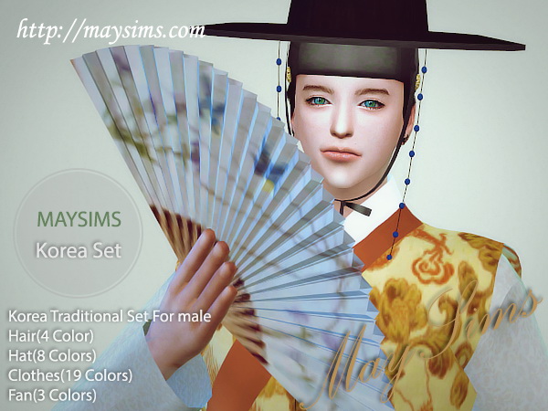 Sims 4 Korean Traditional set for males: hair, hat, outfit, fan at May Sims