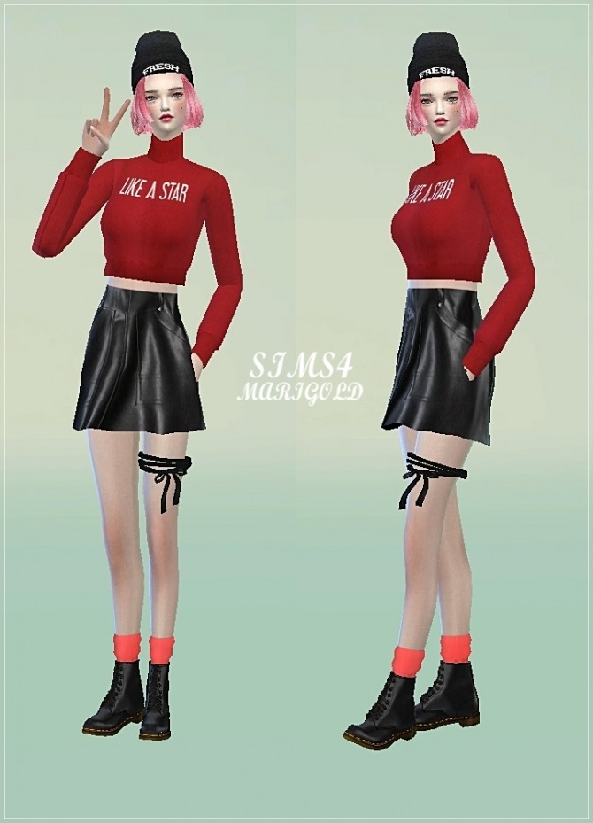 Sims 4 Turtleneck crop top & A line leather skirts at Marigold