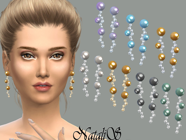 Sims 4 Long drop pearl and crystals earrings by NataliS at TSR