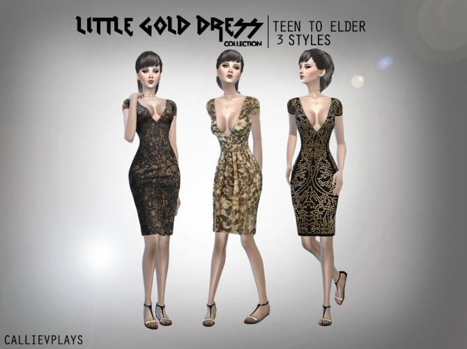 Sims 4 3 dresses in black and golden tones at CallieV Plays